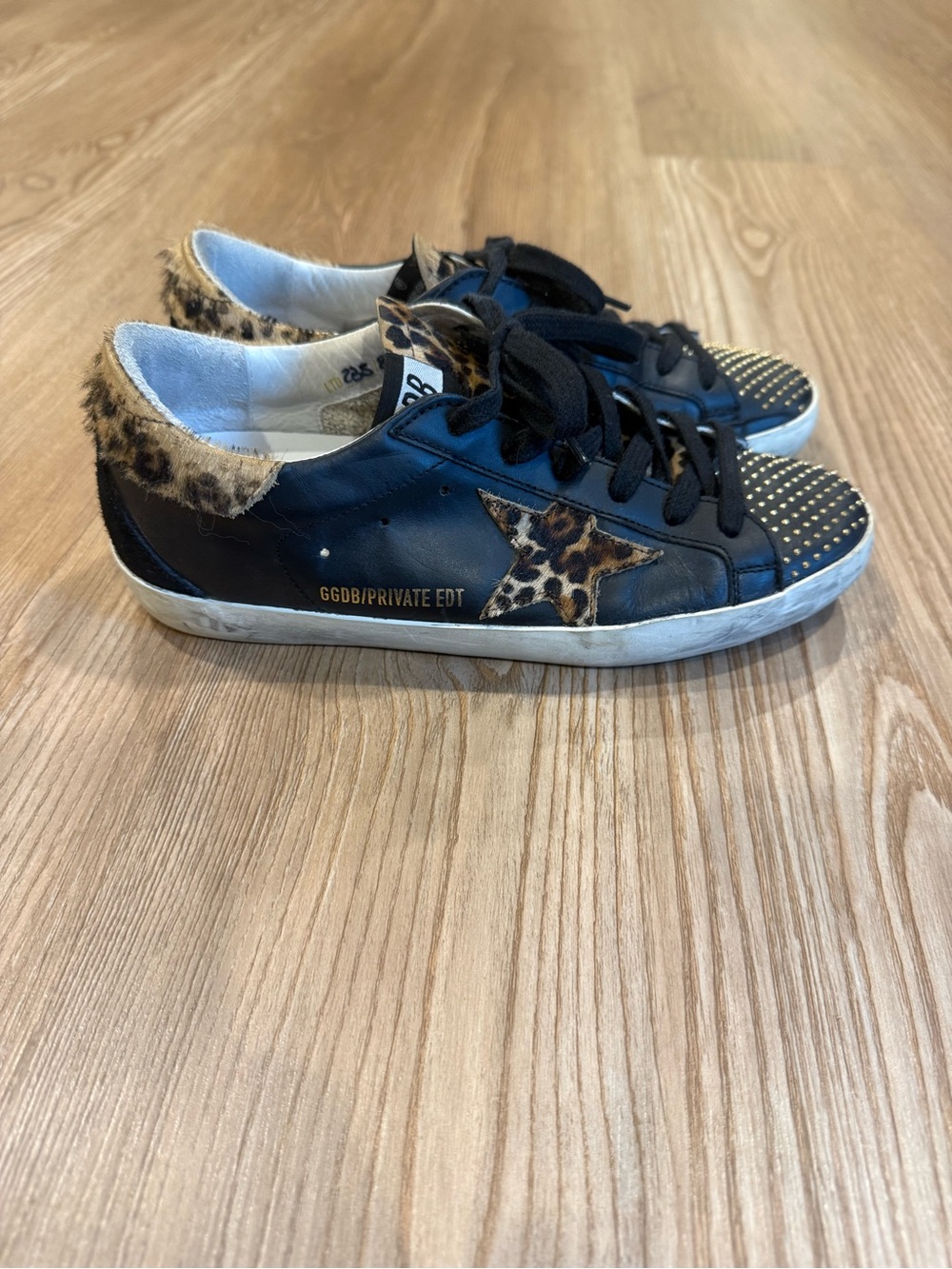 Golden Goose Black Leather Sneakers with Leopard Star and Studded Toe